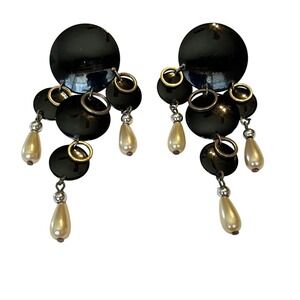 Black Disc Dangle Earrings with Faux Pearl‎ Drops Statement Jewelry